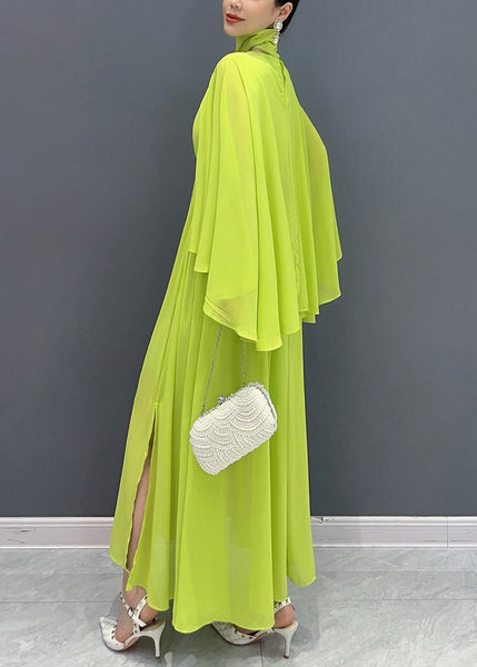 Fitted Green Shawl Collar Patchwork Vacation Maxi Dresses Flare Sleeve AO1031 JDML-FDL240909