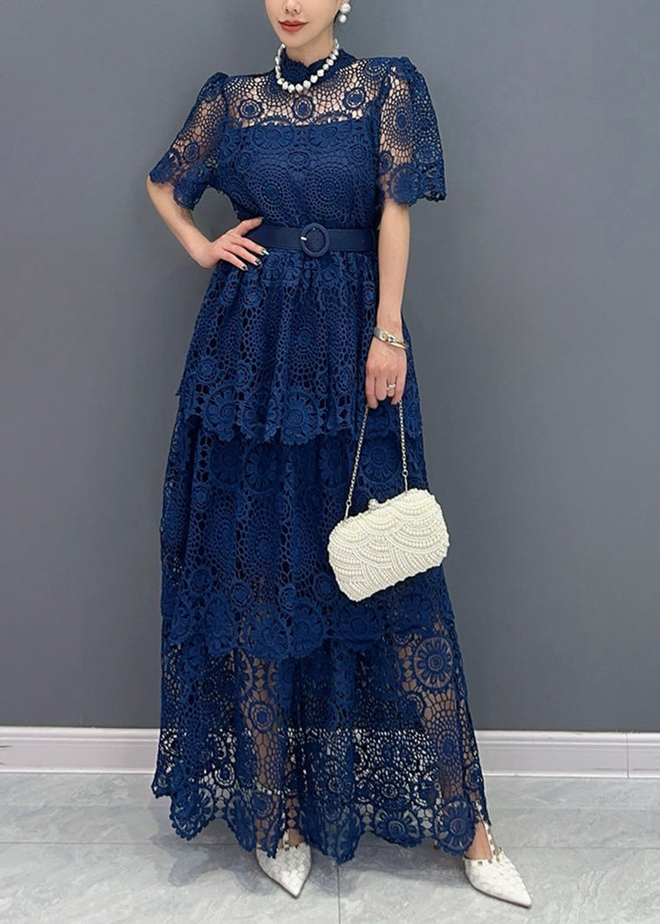 Chic Navy V Neck Sashes Hollow Out Lace Long Dresses Summer AO1013 JDML-SDL240909