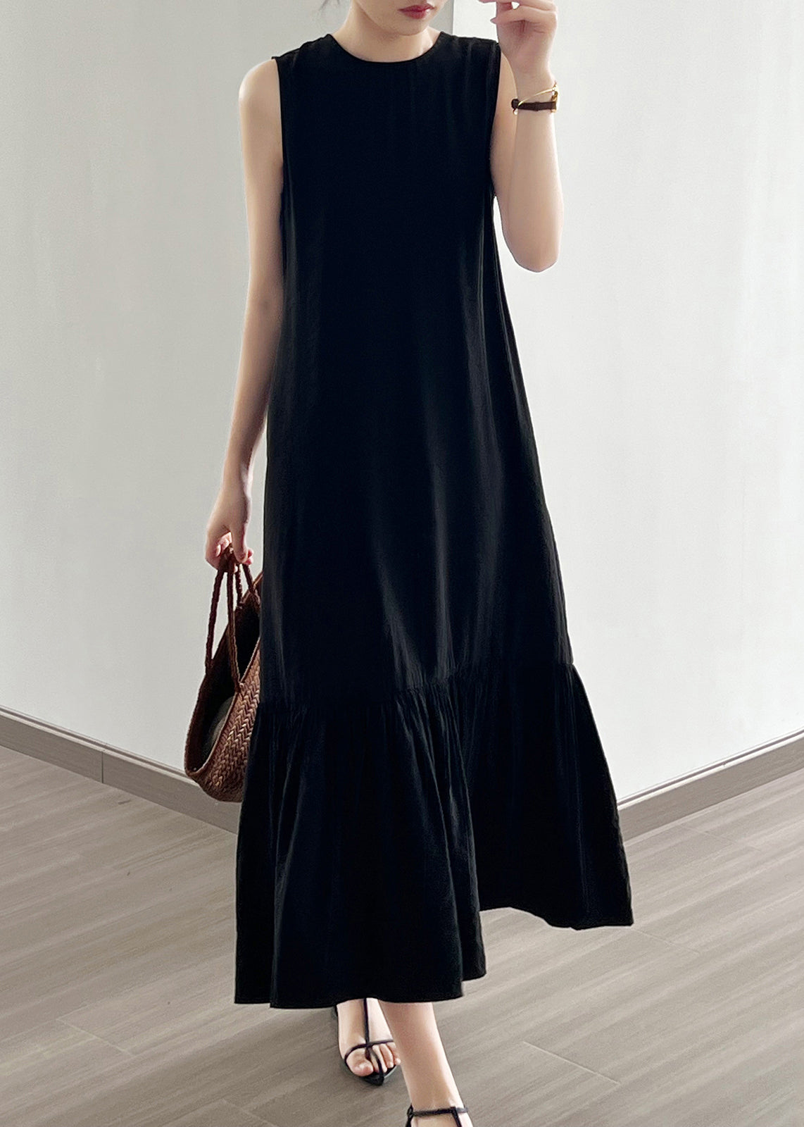 Black Wrinkled Cotton Long Dress O Neck Sleeveless NN021 shopify