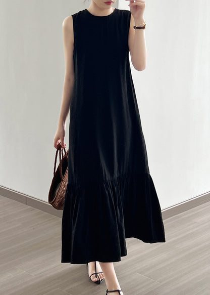 Black Wrinkled Cotton Long Dress O Neck Sleeveless NN021 shopify
