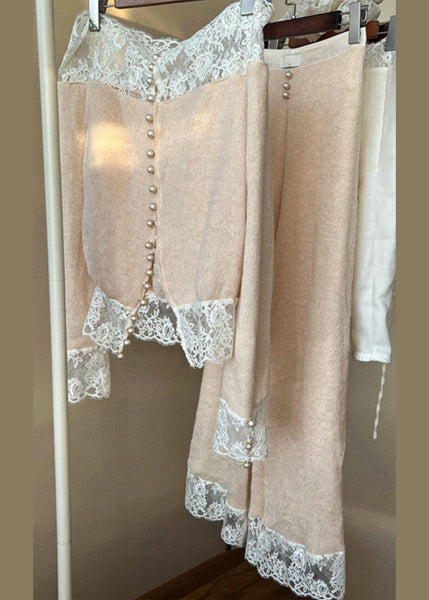 Two Apricot Piece Knit Set Slash Patchwork Lace Neck Suit Fine FashionChic