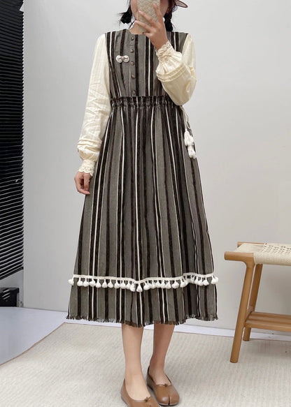 New Striped Ruffled Pockets Lace Up Cotton Dress Sleeveless NN029 shopify