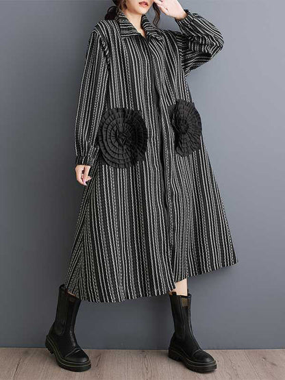 Design Black Lapel Flower Pockets Striped Long Sleeves Zip-up Dress WS010 shopify