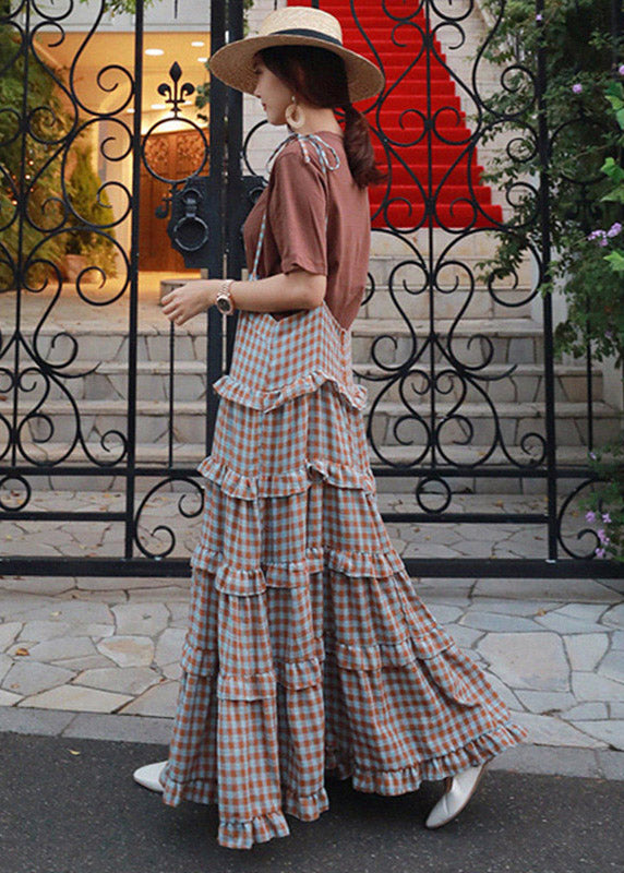 Blue Patchwork Sleeveless Plaid Ruffles Dress Long FashionChic