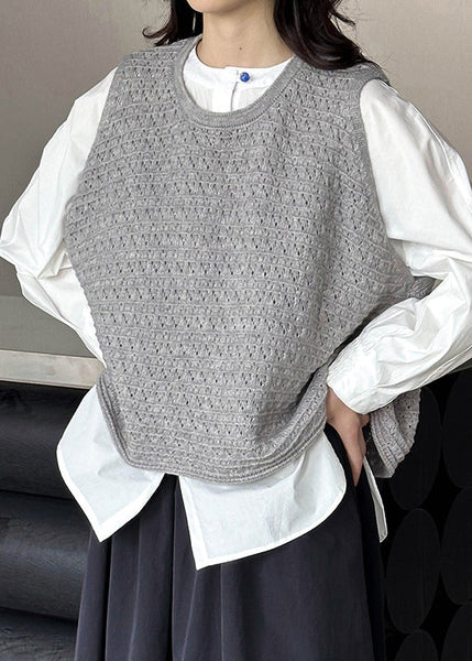 Plus Size Grey O Neck Hollow Out Knit Vest Sleeveless AF1084 HS-VTP240914
