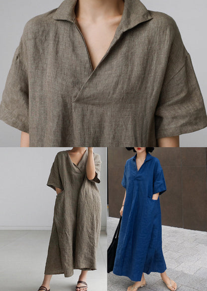 Wrinkled Open Sleeve Side Dress Linen Blue Short FashionChic