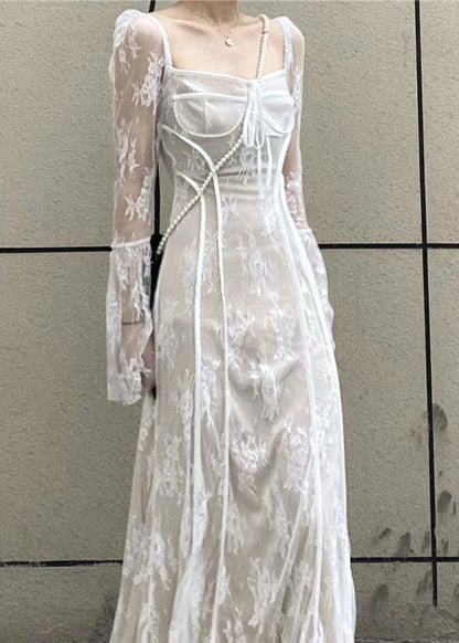 French Black Square Collar Patchwork Lace Long Dress Flare Sleeve AZ1028 shopify