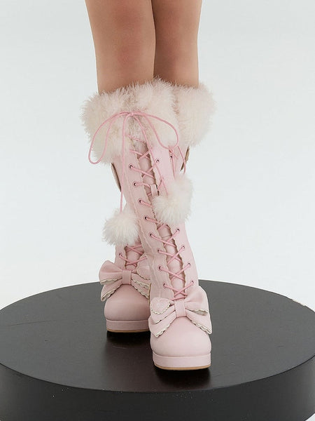 - Bow Cuff Accents Lolita Boots Plush Sweet with PU Knee-High Pink FashionChic