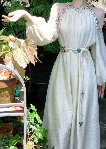 Apricot Bohemian Lantern Silk Cold Sleeve Shoulder Sequins Long FashionChic