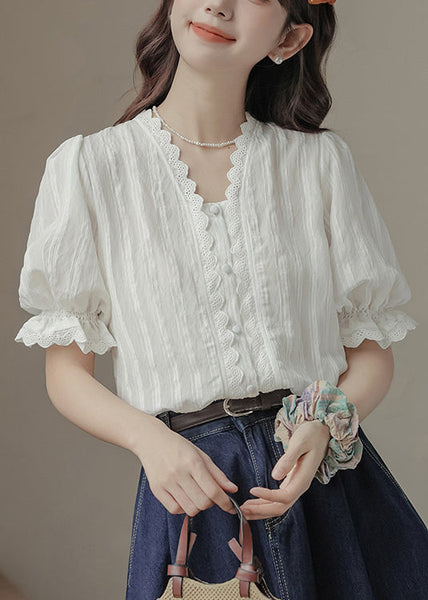 Summer Neck V Lace Casual Top Patchwork White FashionChic