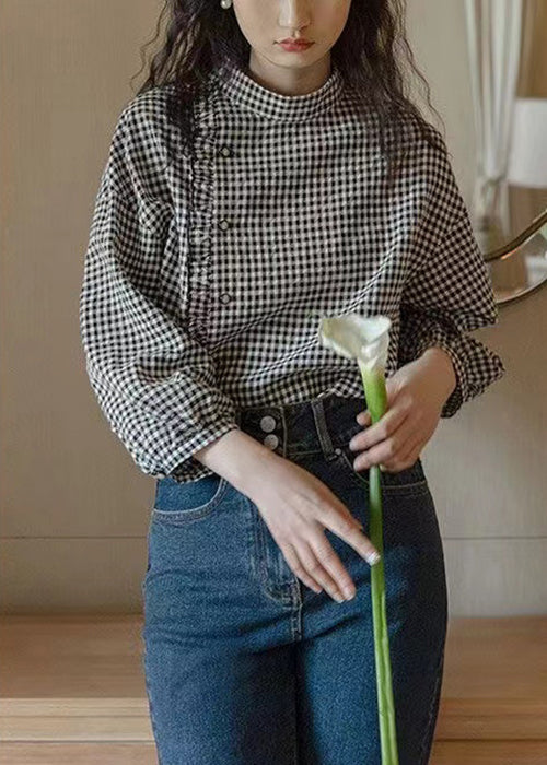 French Plaid Stand Collar Ruffled Cotton Shirt Long Sleeve EE013 shopify