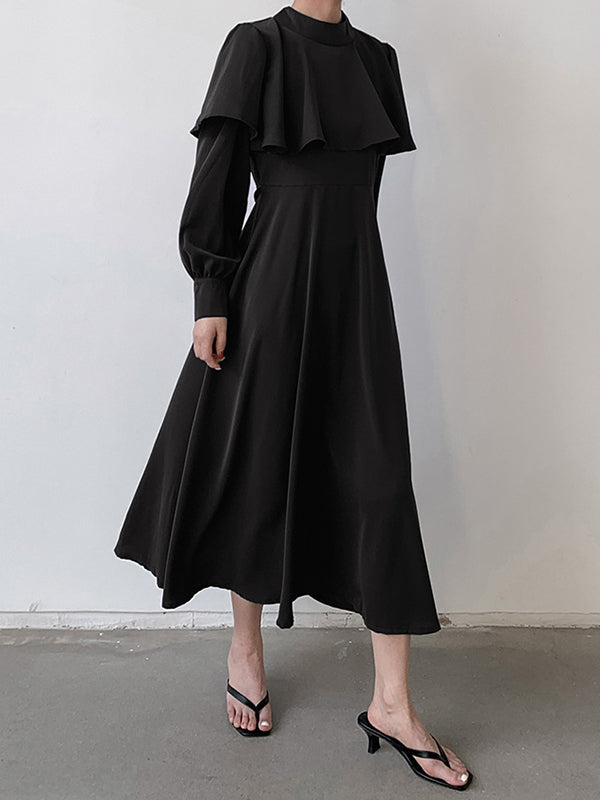 Ruffle Waist Long Mock Tied A-Line Elegant Trim Neck Coffee FashionChic