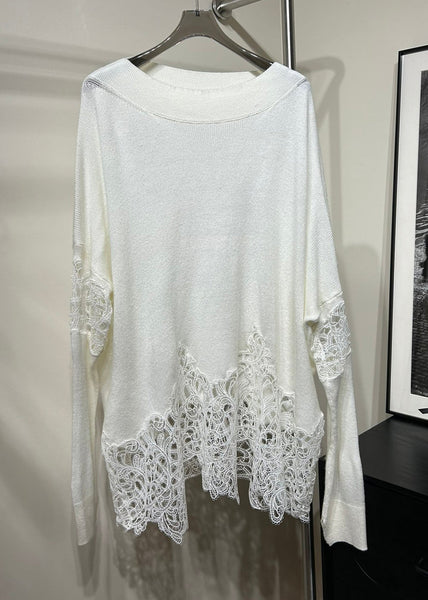 Boutique Beige Cold Shoulder Lace Patchwork Woolen Knit Sweaters Fall RV027 ABC
