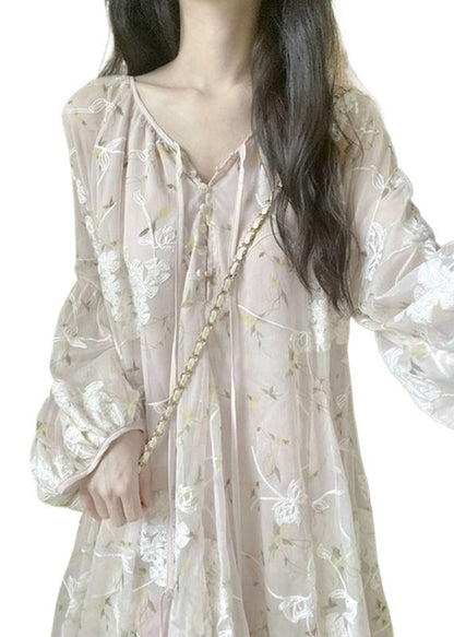Chic Apricot V Neck Embroidered Silk Mid Dress Lantern Sleeve NN039 shopify