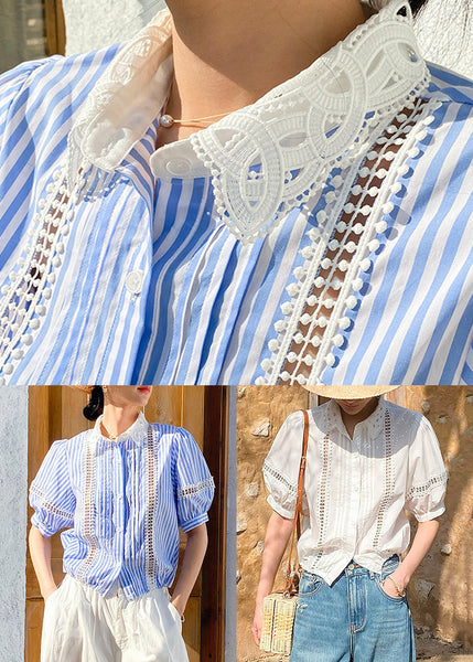 Out Blue Striped Cotton Summer Hollow Fashion Blouses FashionChic