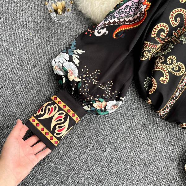 Retro Black Lapel Field Totem Print Buttoned Lantern Sleeve Blouse AR1004 shopify