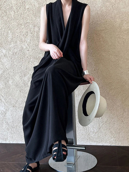 Pockets with Draped Sleeveless Dress Elegant Midi FashionChic