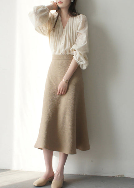 Lantern Art Embroidered Apricot Shirt Chiffon Sleeve FashionChic