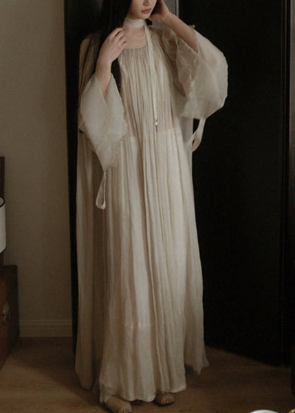 Elegant White Solid Wrinkled Silk Cotton Long Dress Flare Sleeve TT1050 shopify