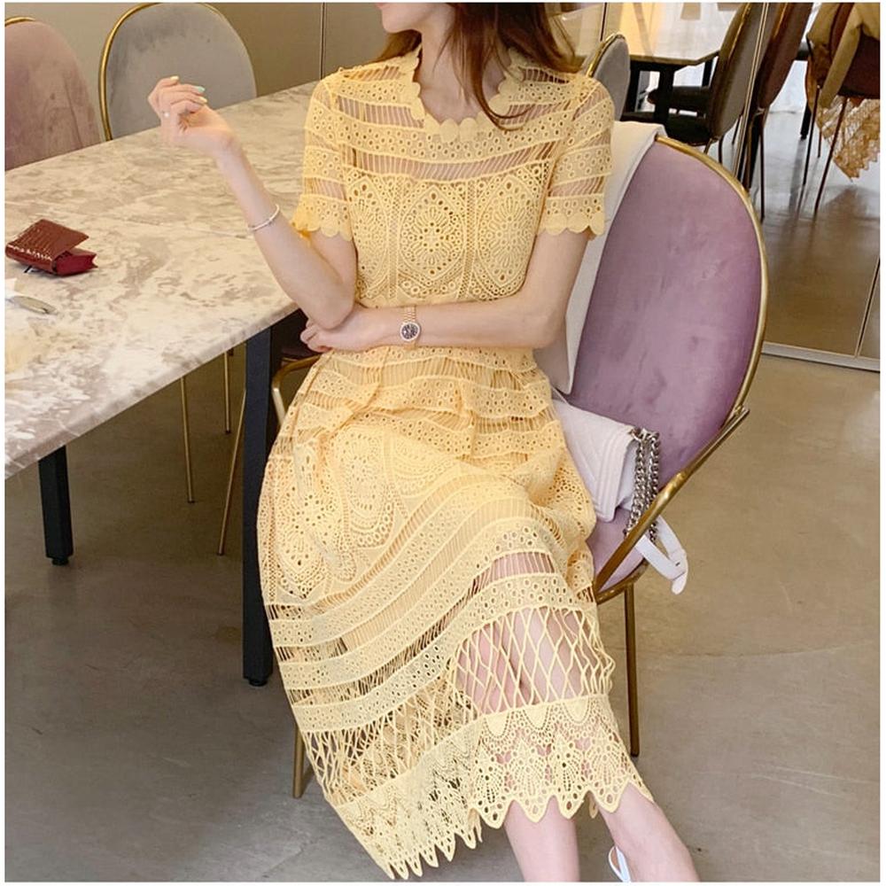 Chic Pink O-neck Hollow Out Lace High Waist Puff Sleeve Mini Dress AR1010 shopify