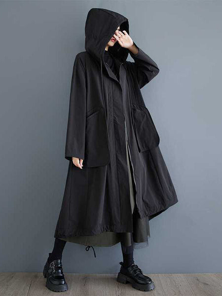 Casual Balck Hooded Pockets Zip-up Drawstring Hem Long Sleeve Trench Coat TW021 ABC