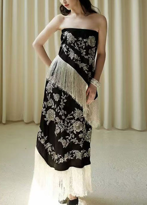 Black High Sleeveless Tasseled Patchwork Waist Novelty Dresses FashionChic