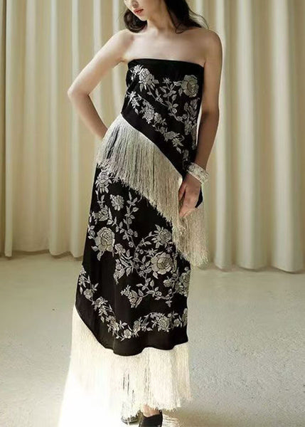 Black High Sleeveless Tasseled Patchwork Waist Novelty Dresses FashionChic