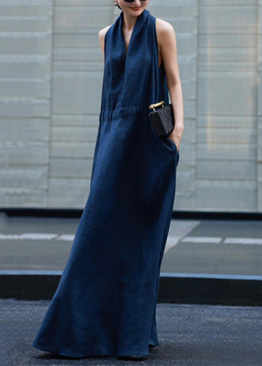 New Robe Dresses Pockets Solid Blue Linen Light Waist Tie FashionChic