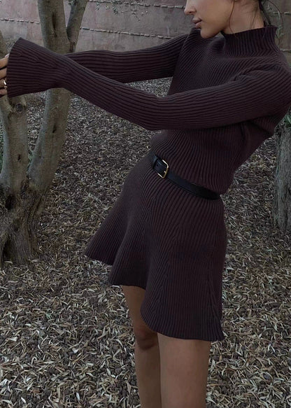 Women Coffee Turtleneck Cozy Knit Mid Dress Flare Sleeve AN1007 Genistyle Shop