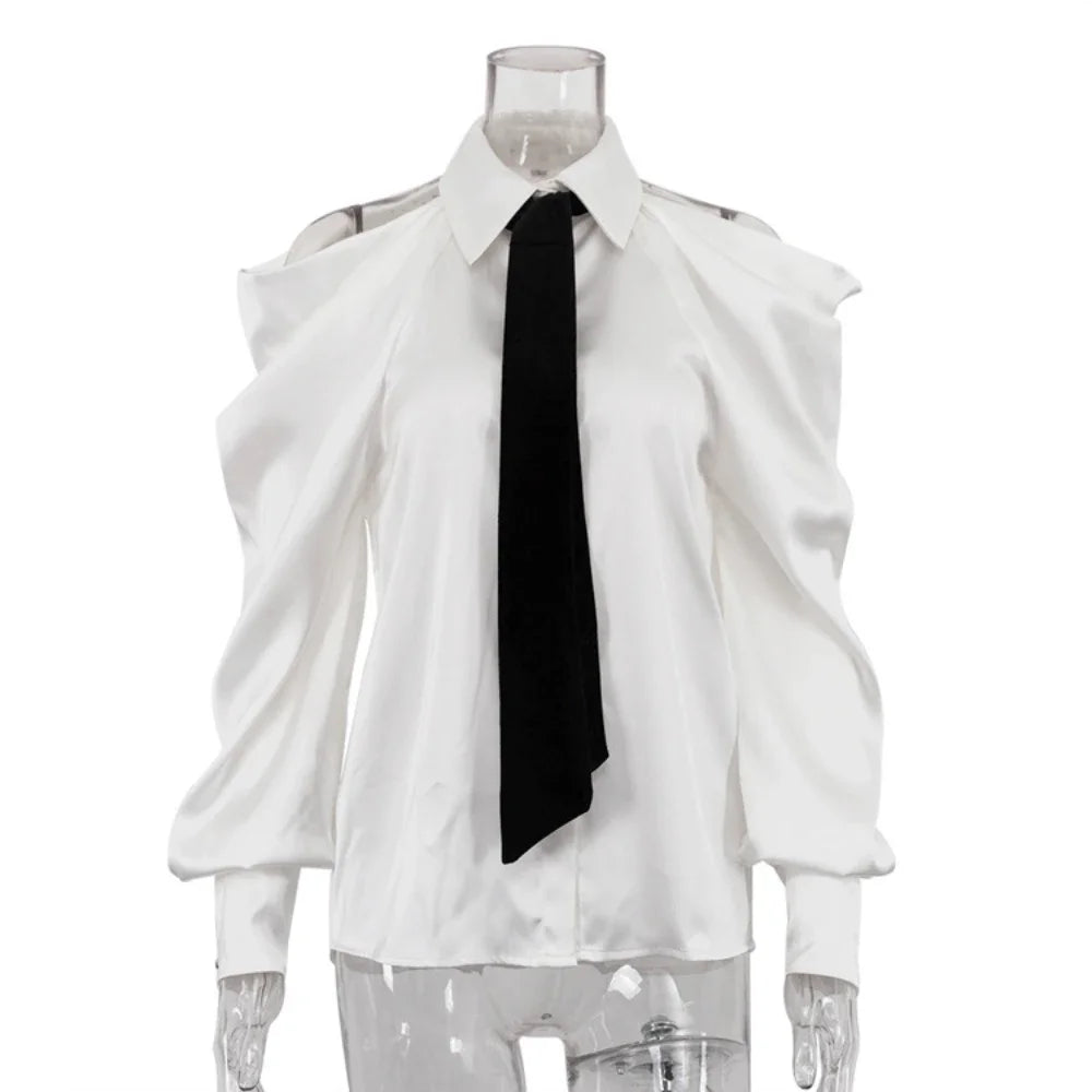 Satin Off Tie Top Sleeve Party Long Shoulder Lapel White with FashionChic