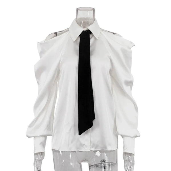 Satin Off Tie Top Sleeve Party Long Shoulder Lapel White with FashionChic