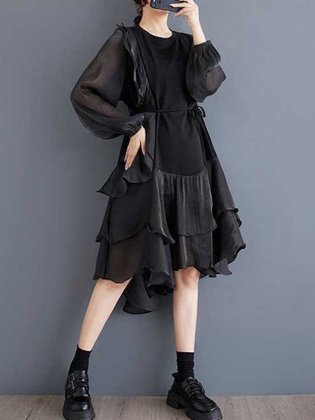 Chic Black Round-Neck Patchwork Contrast Color Ruffle Trim High-Low Long Sleeve Dress TW019 ABC