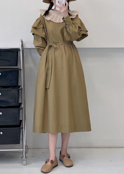 Loose Khaki Ruffled Tie Waist Cotton Dress Long Sleeve NN041 shopify