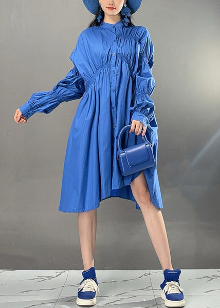 Art Blue Asymmetrical Wrinkled Button Cotton Dress Fall AJ1032 JDML-240909