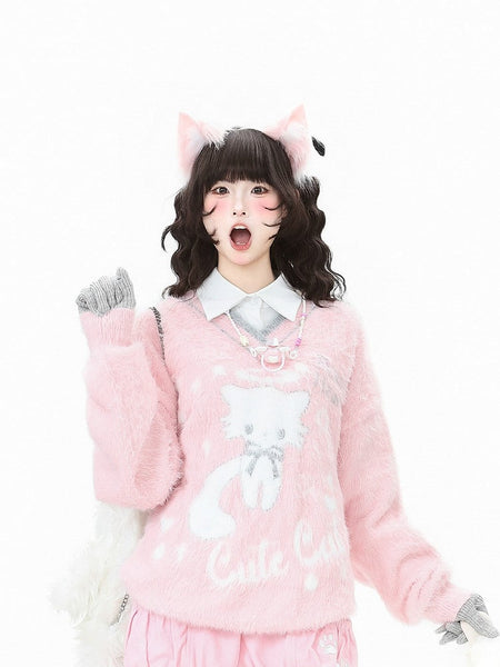 Pink/Black Daily with Cat Letter Kawaii V-neck in Sweater Pattern FashionChic