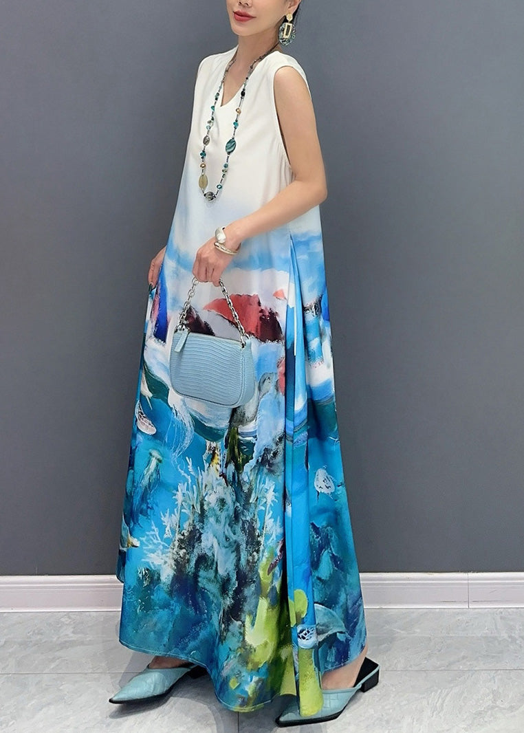 Fashion Blue V Neck Print Long Dress Sleeveless AO1053 JDML-SDL240909