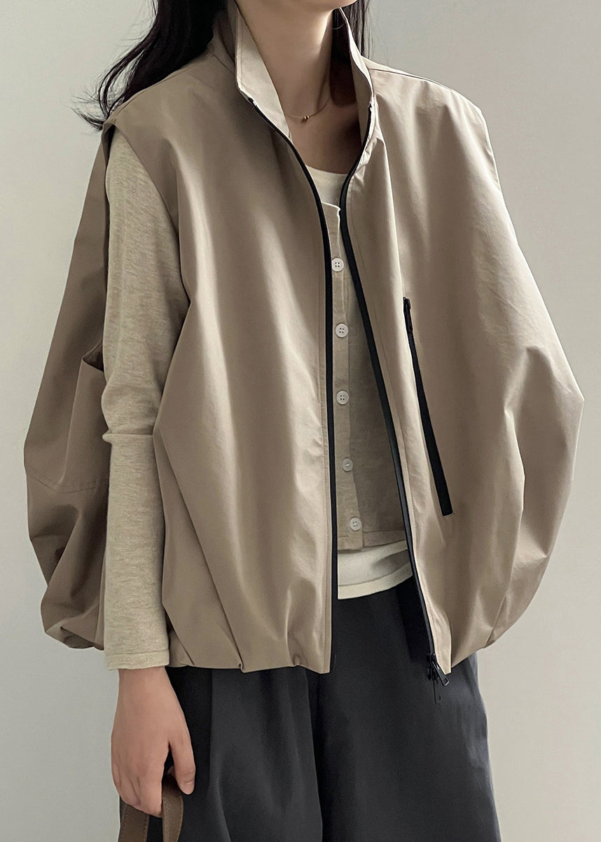Boutique Khaki Stand Collar Zip Up Wrinkled Vest Sleeveless WD018 HS-VTP241103