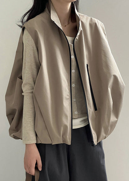 Boutique Khaki Stand Collar Zip Up Wrinkled Vest Sleeveless WD018 HS-VTP241103