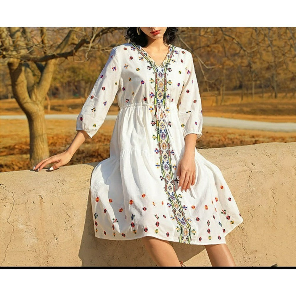 Boho White V-neck Floral Embroidery Lace-up Three-quarter Sleeves Dress AR1020 shopify