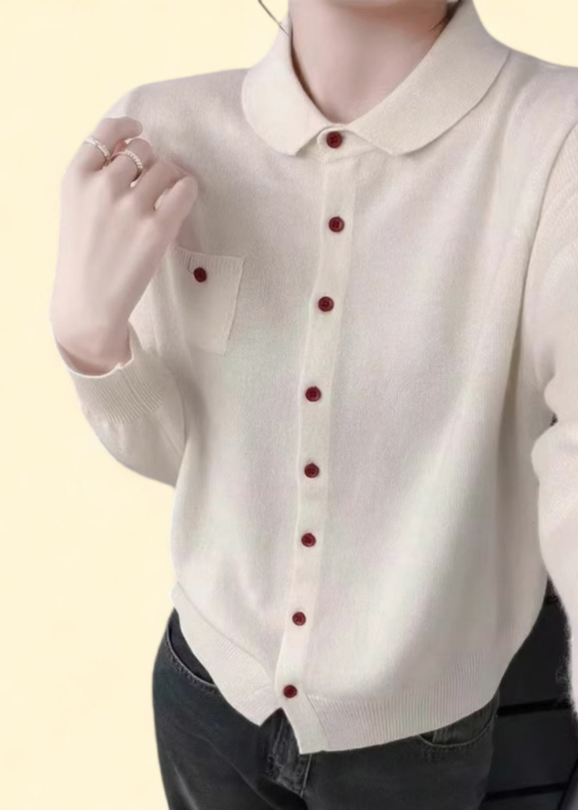 Handmade White Peter Pan Collar Pockets Solid Cotton Knitted Cardigans Fall QP009 OL-NCT241001