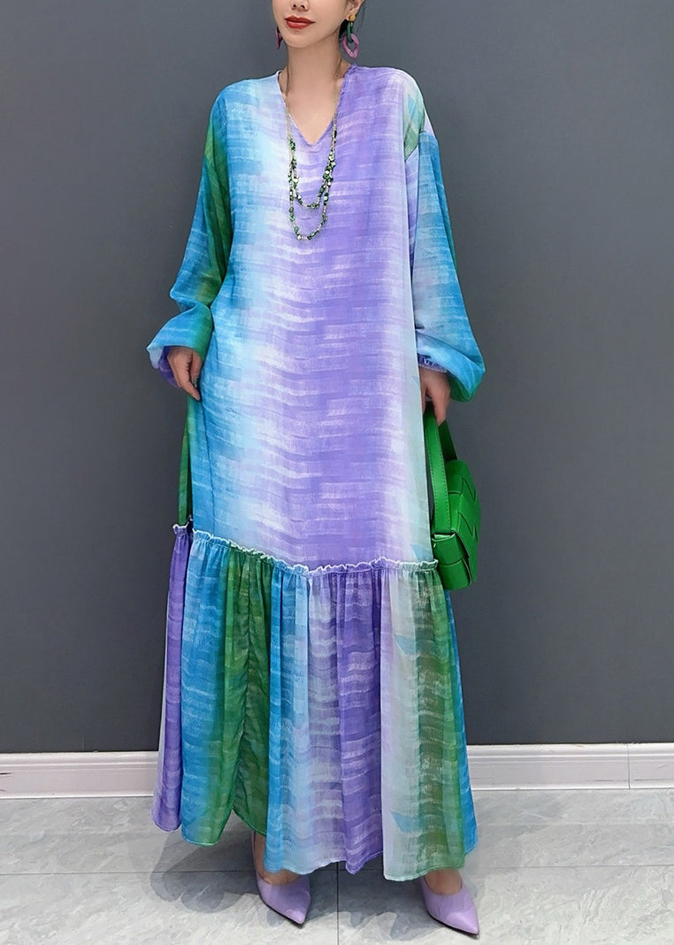 Loose Blue Purple Gradient Color Ruffled Patchwork Long Dresses Fall AO1026 JDML-FDL240909