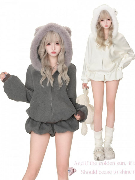 White/Gray Bear Fur Hoodie Daily Hood Trim Lush Coat Kawaii - Ear FashionChic