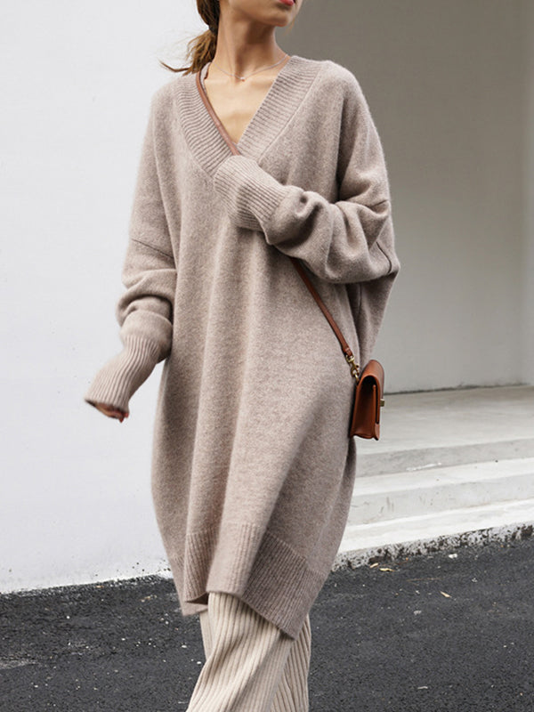 Stylish Loose Camel V-Neck Long Sleeve Sweater Dress QX006 shopify