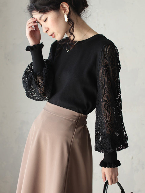 Tempermant Black Round-Neck Patchwork Hollow Lace Long Puff Sleeves Sweater QX011 shopify
