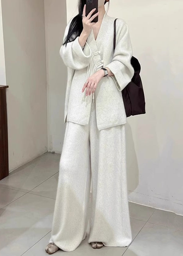 Brief Light Grey V Neck Button Knit Coats And Pants Two Piece Set Fall WV028 ABC