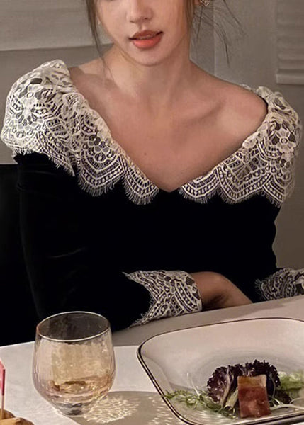 Black Patchwork V Spring Dresses Neck Silk Velvet Lace French FashionChic