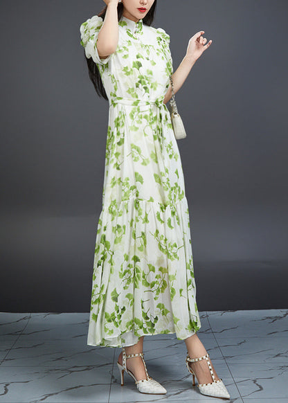Bohemian Green Wrinkled Print Tie Waist Chiffon Dress Summer AJ1002 JDML-240909