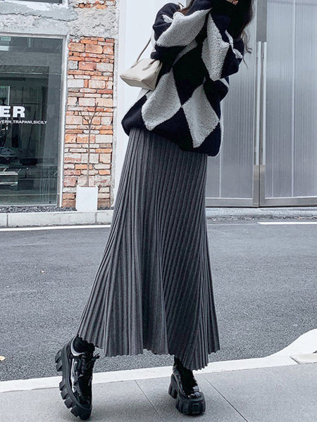 Brief Khaki High Waisted Pleated Striped A-Line Knit Skirt TW006 ABC