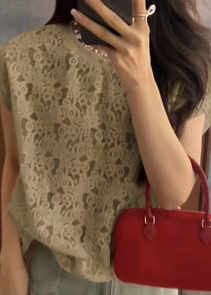 Boho Orange O Neck Hollow Out Lace T Shirt Summer EE060 shopify