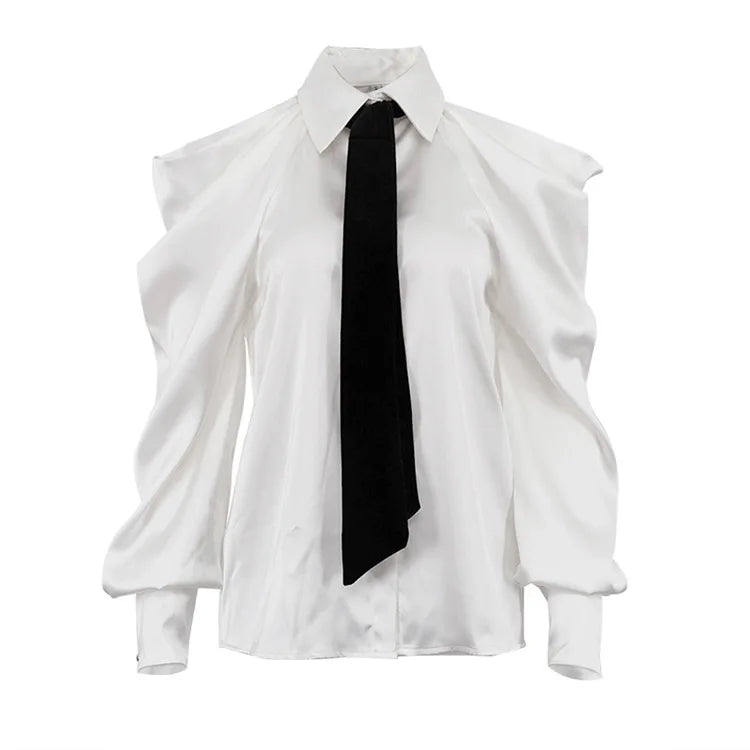 Satin Off Tie Top Sleeve Party Long Shoulder Lapel White with FashionChic
